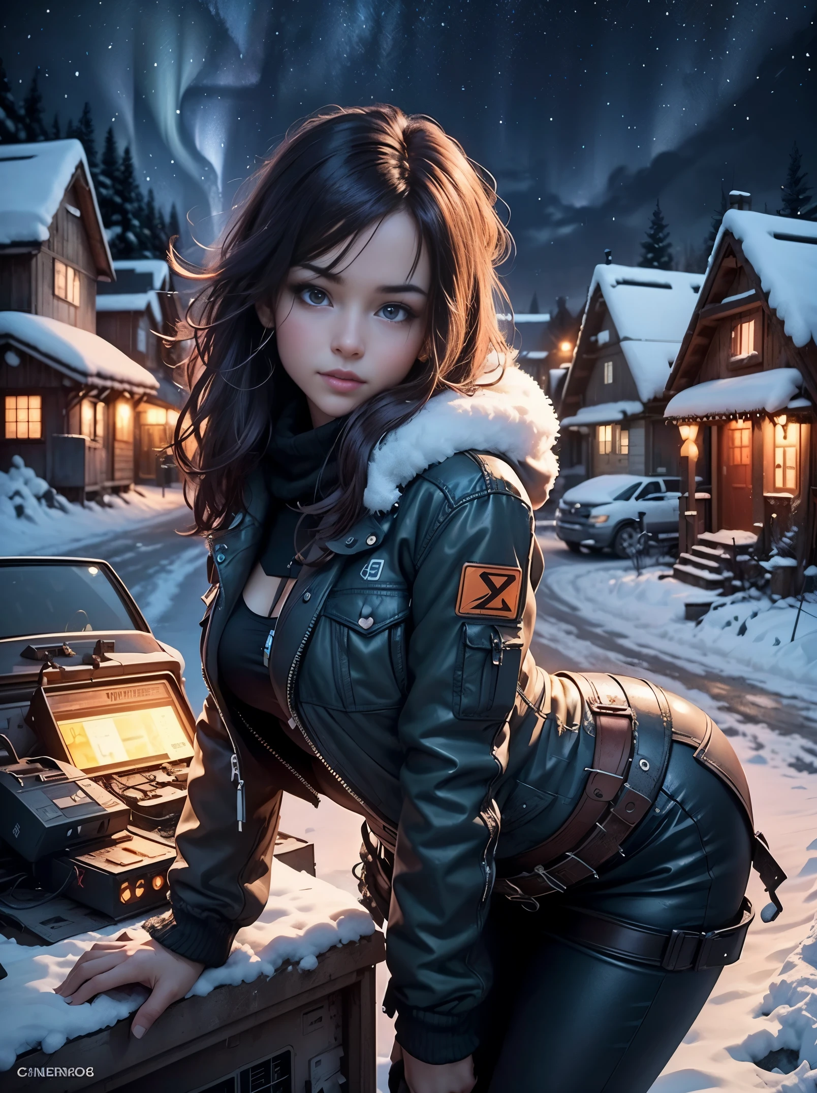 The photo is taken from the front, with the following composition: in the foreground, a pile of electronic waste. In the middle ground, a sexy young woman leans forward, looking at the pile of waste as if she were looking at the inside of a car engine.
In the background, a snowy village, a starry night, the northern lights.