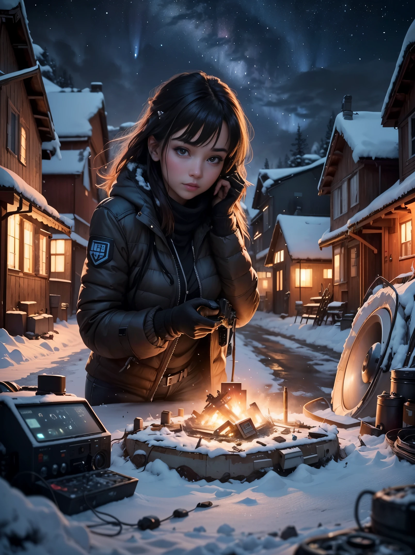 The photo is taken from the front, with the following composition: in the foreground, a pile of electronic waste. In the middle ground, a sexy young woman leans forward, looking at the pile of waste as if she were looking at the inside of a car engine.
In the background, a snowy village, a starry night, the northern lights.
