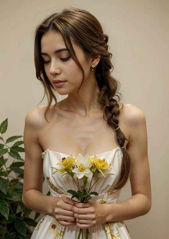 (obra de arte, melhor qualidade), 1 garota, seios gigantescos, fundo desfocado, gordinho, curved, GOLDMARY, GOLDMARYsomniel, Vestido amarelo, single braid, enfeite de cabelo, estampa floral, mangas compridas, cabelo por cima do ombro, clavicle, joia, cabelo castanho claro,