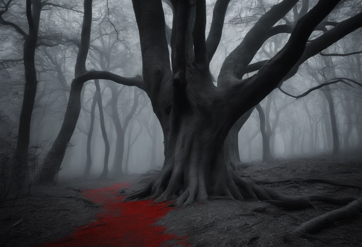 Dense forest, with dead people, torn apart spread across the ground, a dark, chilling and macabre scene