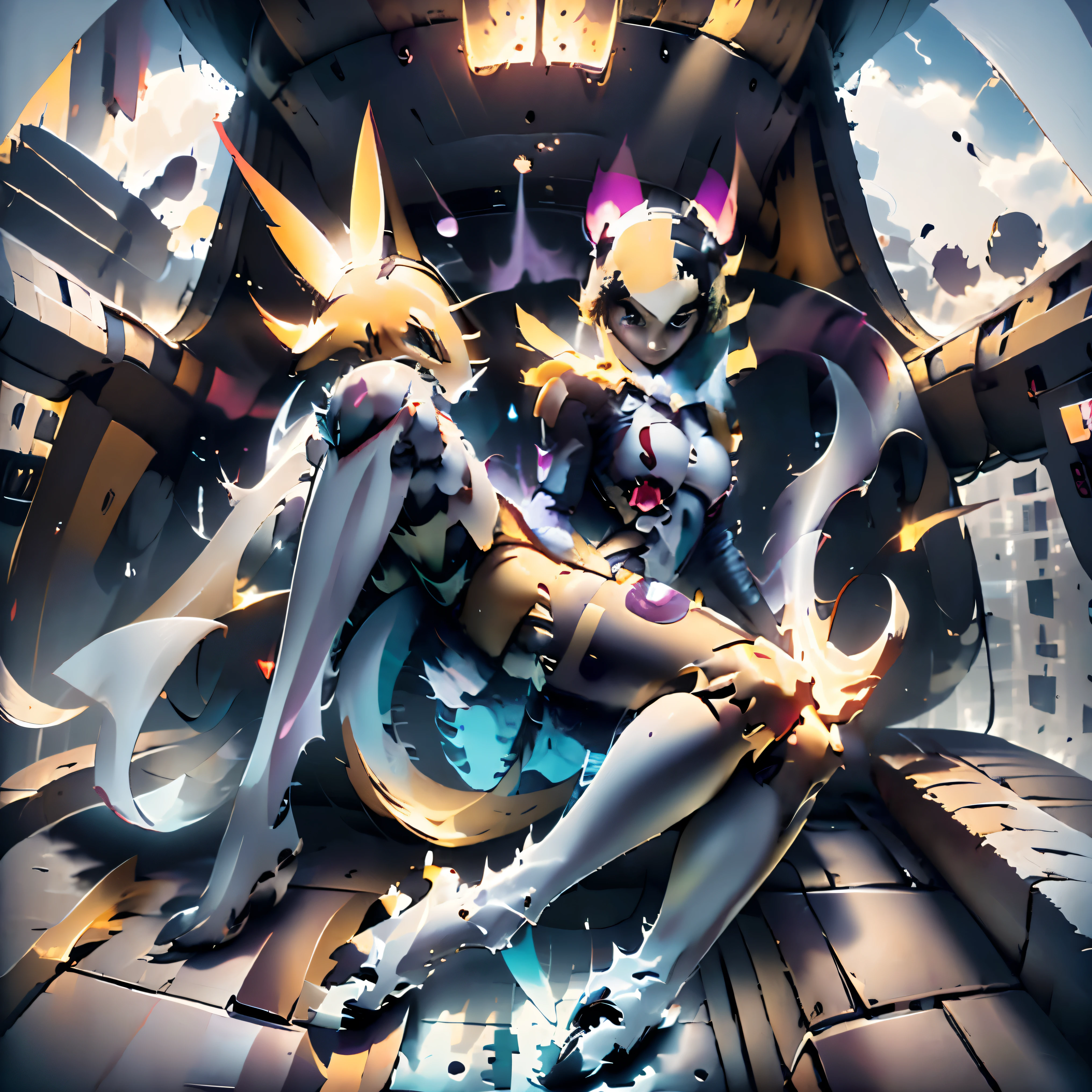 NSFW，whole body concept，Pilot and giant female weapon，the pilot is a woman(Renamon type full body suit，tentacle-like cockpit，Tentacles and pussy are connected，symbiote，genocide，shiny swaying breasts，a mecha girl，Renamon-shaped tail and ears，Renamon-shaped helmet)，background(giant female tentacle weapon(Renamon style Evangelion，Renamon model，The pilot can be seen from the cockpit)