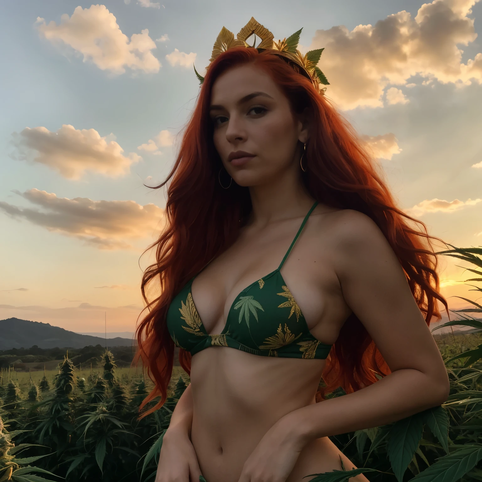 Nesta imagem, a mulher ruiva, called Lucia, stands defiantly against the backdrop of a twilight sky. Her fiery red hair is tangled like flames, ondulando ao vento, creating a striking contrast against the dark sky. A crown of marijuana flowers adorns her head, acrescentando um toque inesperado, mas adequado, to your indomitable beauty. Um girassol, Resilience symbol, shows its golden face among the green tones of cannabis, illuminated by the last rays of the setting sun.