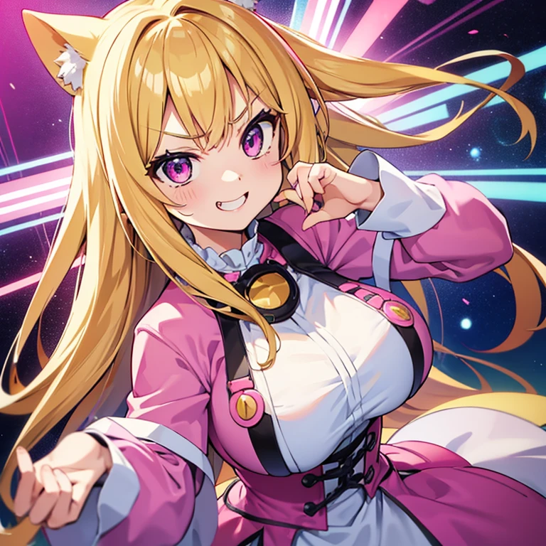 1 woman, waifu oppai, angry, smile challenging, long hair blonde with hair highlights pink, blue and pink eyes, yellow and white clothes, kawaii,