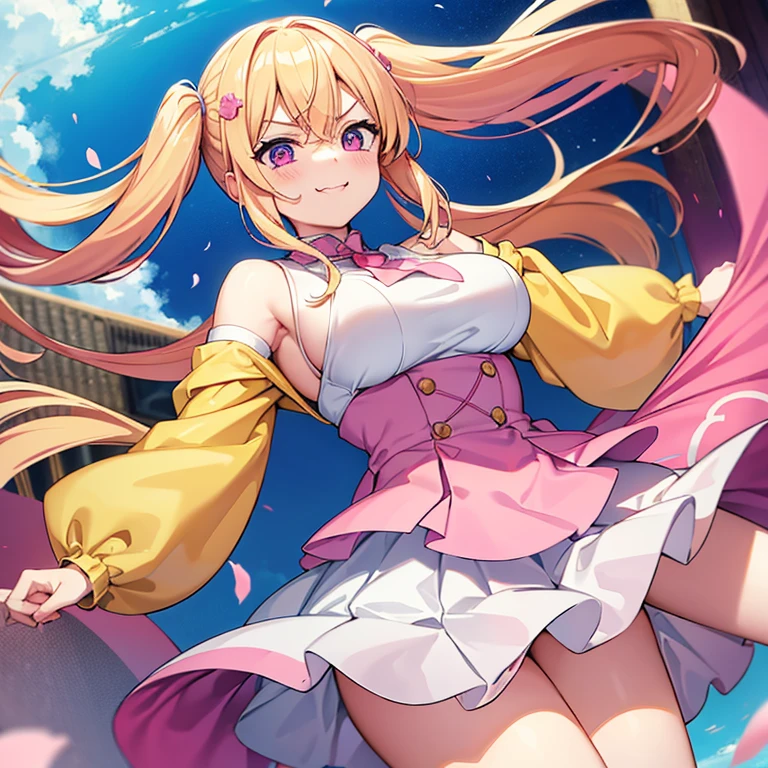 1 woman, waifu oppai, angry, smile challenging, long hair blonde with hair highlights pink, blue and pink eyes, yellow and white clothes, kawaii,