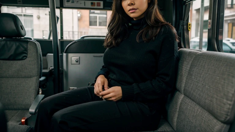 1 lindo, Mulher, corpo largo, voluptuous Mulher, cabelo ondulado, eyelids outlined, Eyelids made up, cara maquiada, black sweater, Decote, black handkerchief, black pants, Saco preto, sleeping sitting on the bus, boca aberta, olhos fechados. Seios Grandes,