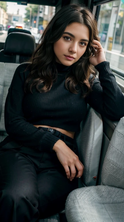Create an exquisite image in ultra-high definition (4K) featuring Jenna Ortega as 'Jortega.' The setting is a train, with a focus on her black hair styled in bangs, emphasizing her thighs in a uniform skirt. Capture the scene from a face-to-face angle with an artistic touch, and include the specific details of sitting in the train seat with feet on the floor. The overall atmosphere should be realistic and photorealistic (weighted at 1.4), showcasing Jenna's 20-year-old American charm.

Emphasize the facial details with a realistic expression, attractive features, killer cheekbones, conventionally attractive attributes, a flatter forehead with a slight rounding at the top, non-Caucasian facial characteristics, subtle hollowing under the eyes, and expressive eyes. Ensure the output is high-resolution (weighted at 1.2) to capture the finest details.

For the best quality, draw inspiration from Nikon D850 film stock photos by Lee Jefferies, specifically using Kodak Portra 400 film, f1.6 lens, and consider rich colors, hyper-realistic textures, dramatic lighting, and an unreal engine aesthetic. This image should align with the latest art trends on ArtStation and Cinestir 800