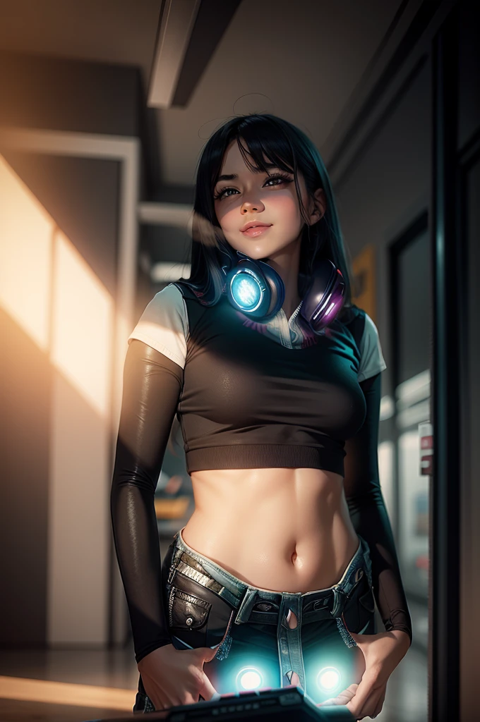 A pretty girl in a cyberpunk city, playing video games, smiling