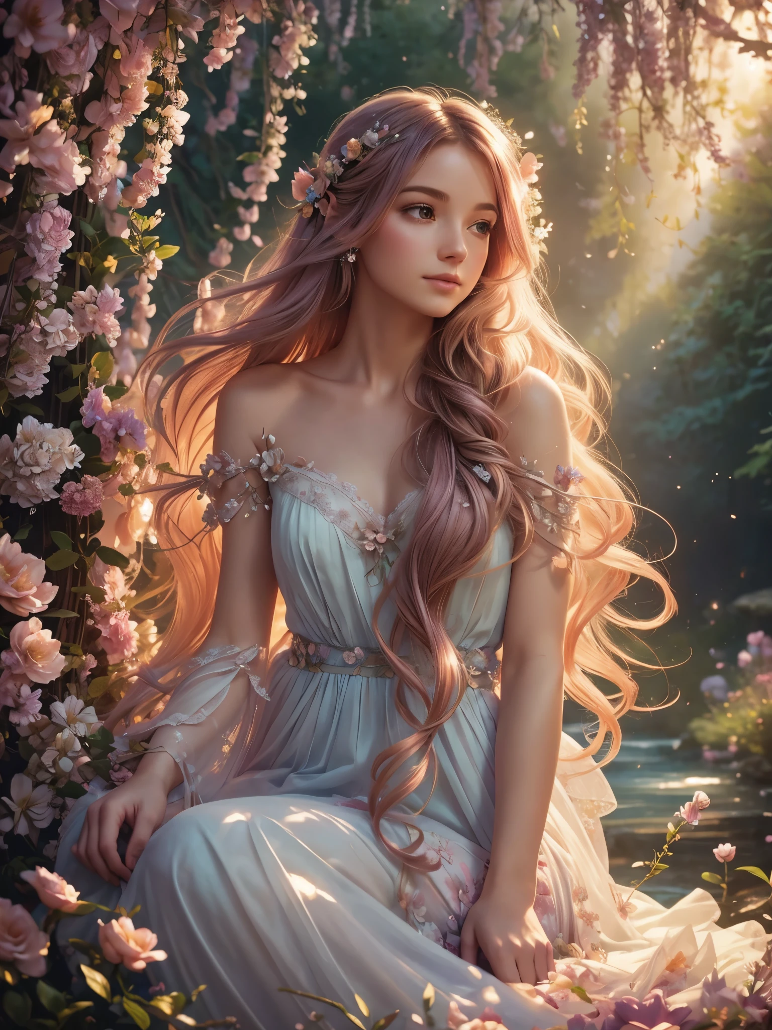 soft lighting, dreamy atmosphere, ethereal aesthetic, fantasy theme, nature elements, floral background, delicate details, flowing hair, whimsical pose, vibrant colors, sitting