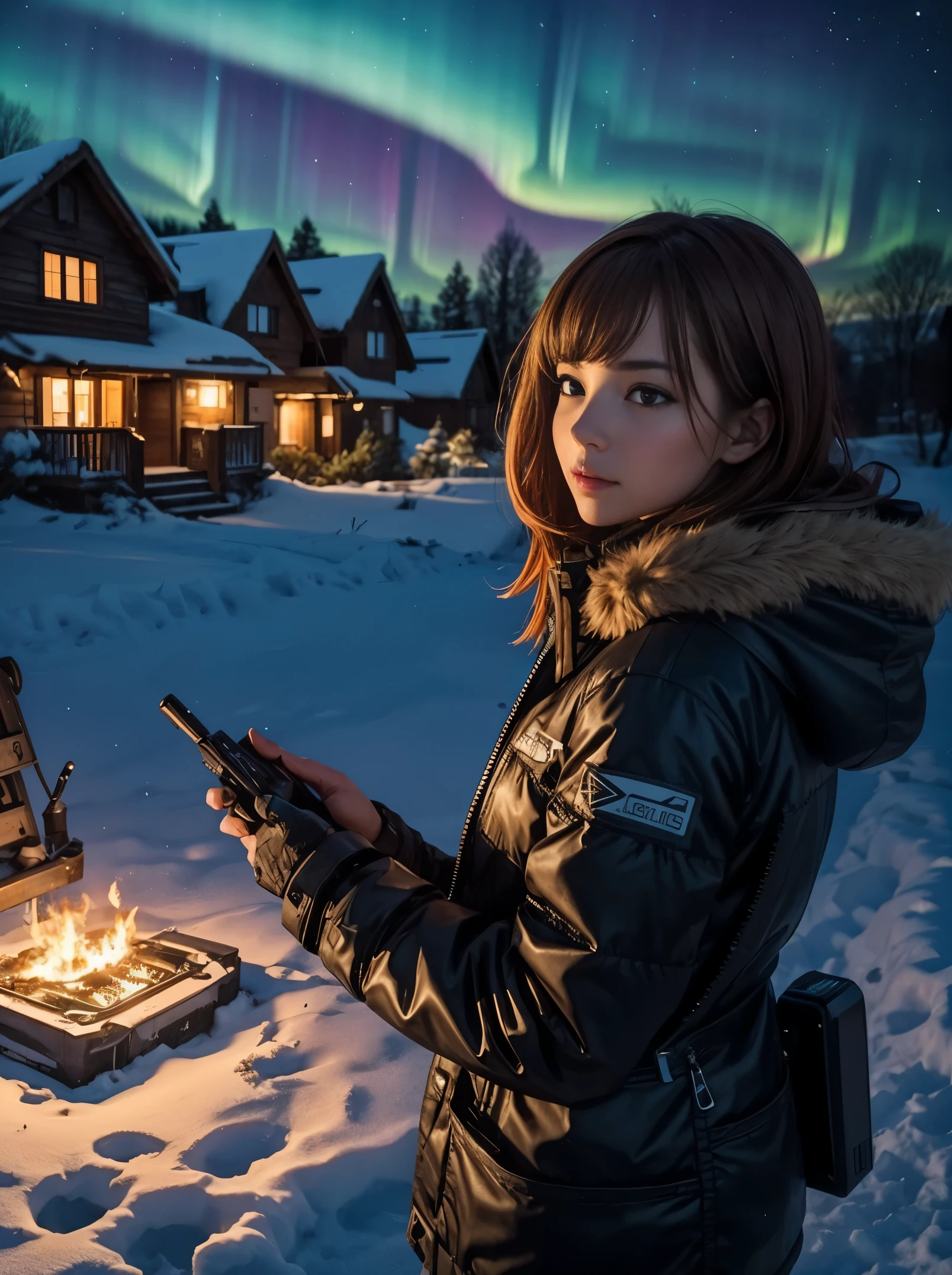 The photo is taken from the front, with the following composition: in the foreground, a pile of electronic waste. In the middle ground, a sexy young woman, age23, light auburn, leans forward, looking at the pile of waste as if she were looking at the inside of a car engine.
In the background, a snowy village, a starry night, the northern lights