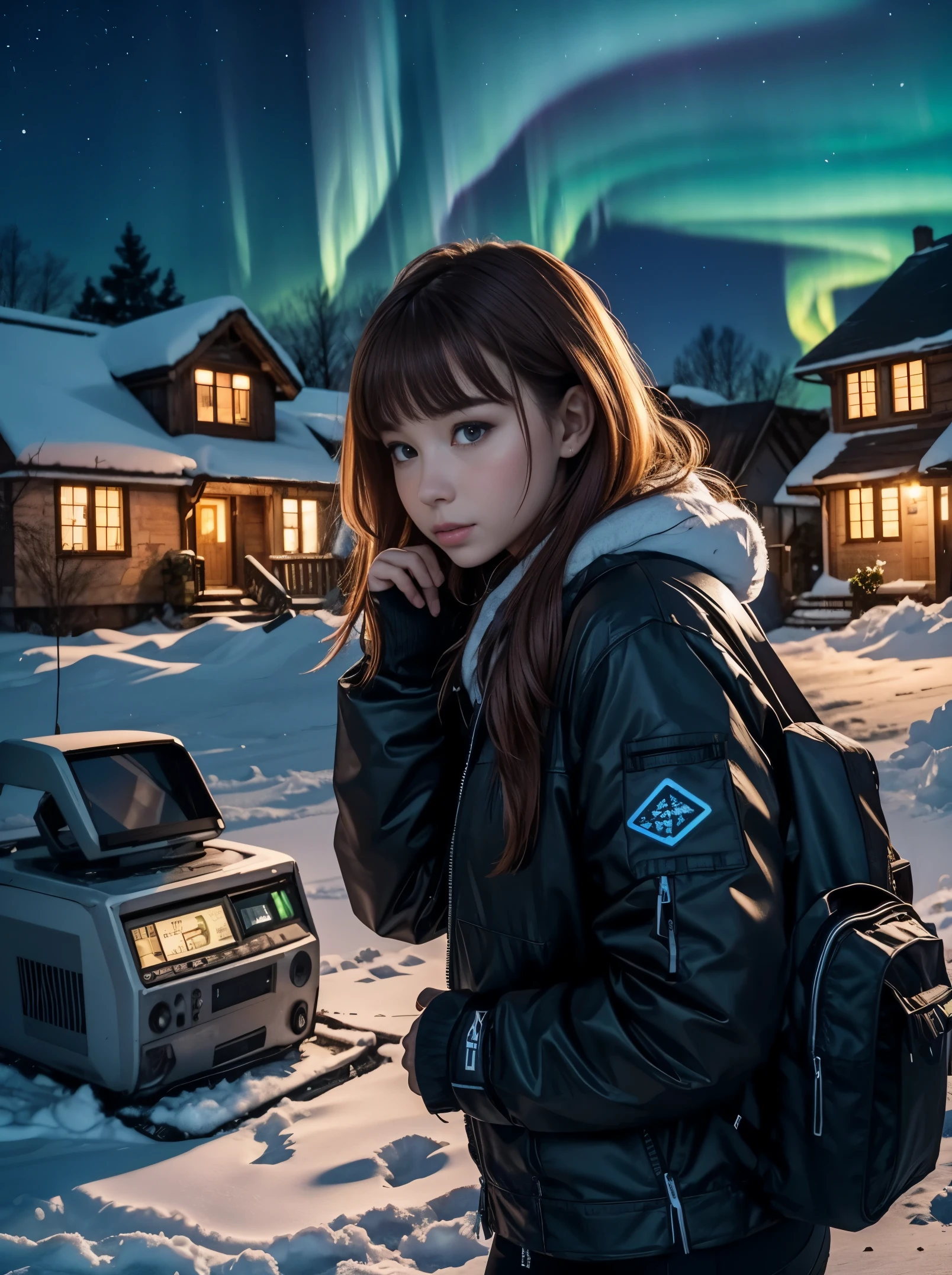 The photo is taken from the front, with the following composition: in the foreground, a pile of electronic waste. In the middle ground, a sexy young woman, age23, light auburn, leans forward, looking at the pile of waste as if she were looking at the inside of a car engine.
In the background, a snowy village, a starry night, the northern lights