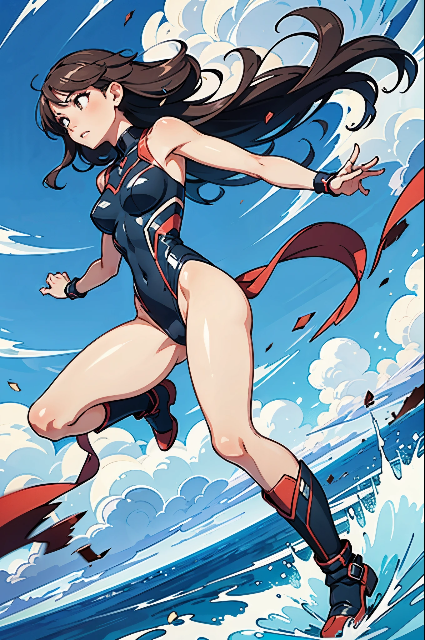 1girl, solo focus, superhero, leotard, highleg leotard, bare legs, boots, mature lady, spinning her body in rapid speed like a tornado, wind swirls, rapid gyration, girl tornado spinning girl, turning to a whirlwind. tornado cloud