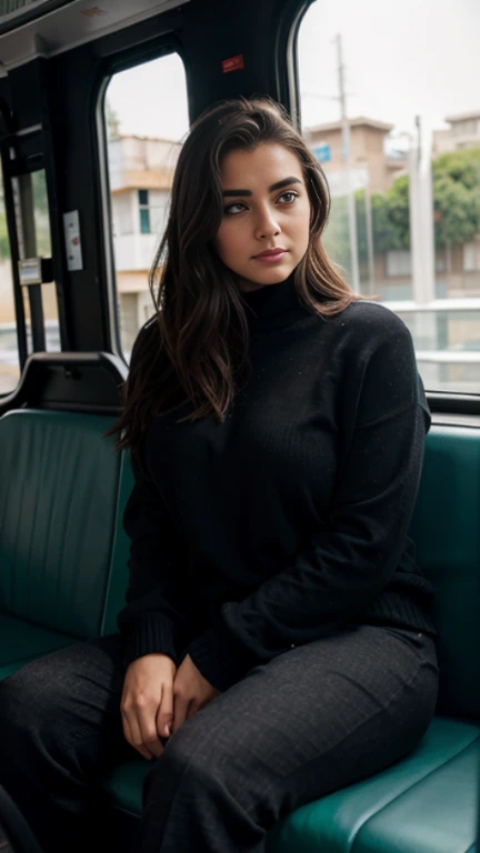 1 lindo,  Mulher, corpo largo, voluptuous Mulher, cabelo ondulado, eyelids outlined, Eyelids made up, cara maquiada, black sweater, Decote, black handkerchief, black pants, Saco preto, sleeping sitting on the bus, boca aberta, olhos fechados. Seios Grandes,