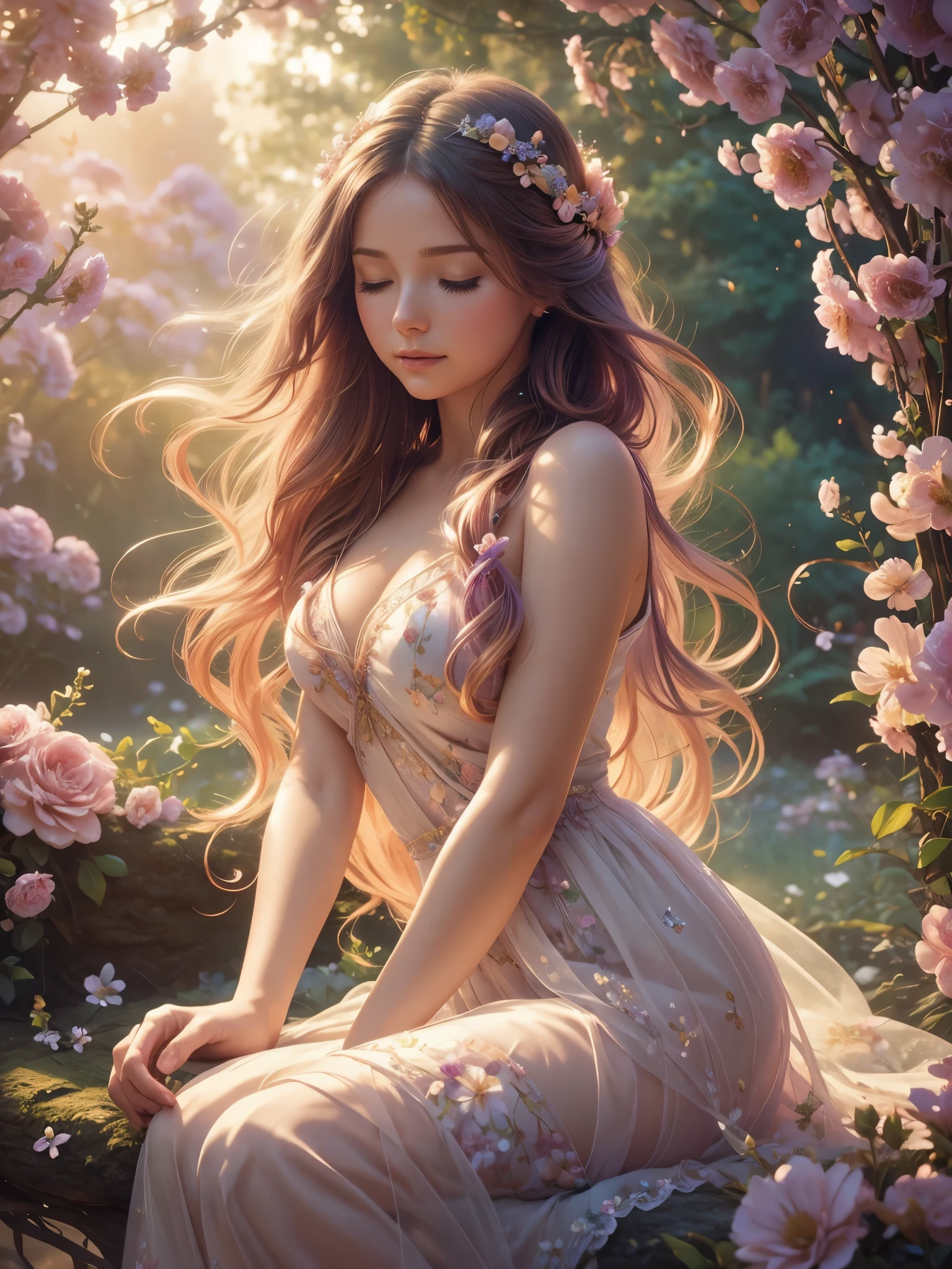 soft lighting, dreamy atmosphere, ethereal aesthetic, fantasy theme, nature elements, floral background, delicate details, flowing hair, whimsical pose, vibrant colors, sitting, hands folded, eyes closed