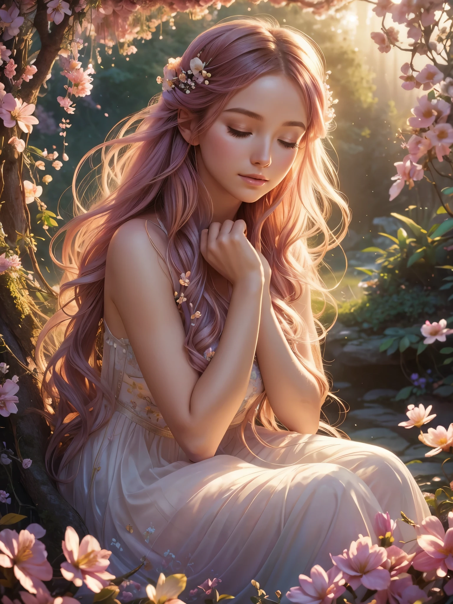 soft lighting, dreamy atmosphere, ethereal aesthetic, fantasy theme, nature elements, floral background, delicate details, flowing hair, whimsical pose, vibrant colors, sitting, hands folded, eyes closed
