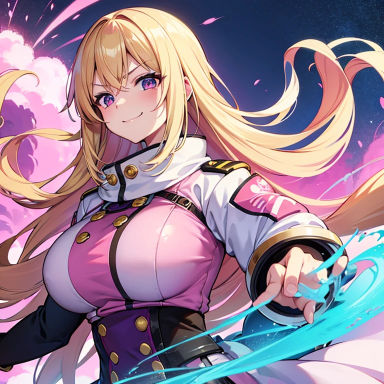 1 woman, waifu oppai, angry, smile challenging, long hair blonde with hair highlights pink, blue and pink eyes, gold and white militar clothes, kawaii, militar
