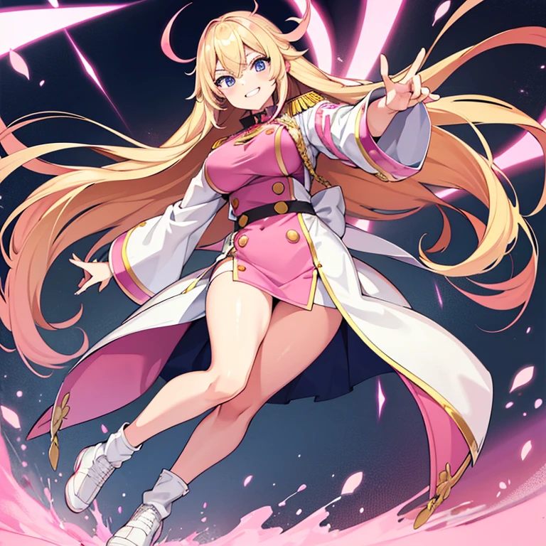 1 woman, waifu oppai, angry, smile challenging, long hair blonde with hair highlights pink, blue and pink eyes, gold and white militar clothes, kawaii, militar, full body