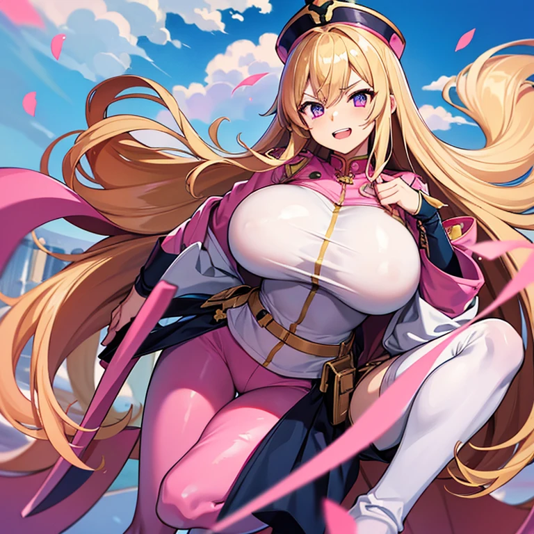 1 woman, waifu oppai, angry, smile challenging, long hair blonde with hair highlights pink, blue and pink eyes, gold and white militar clothes, kawaii, militar, full body 