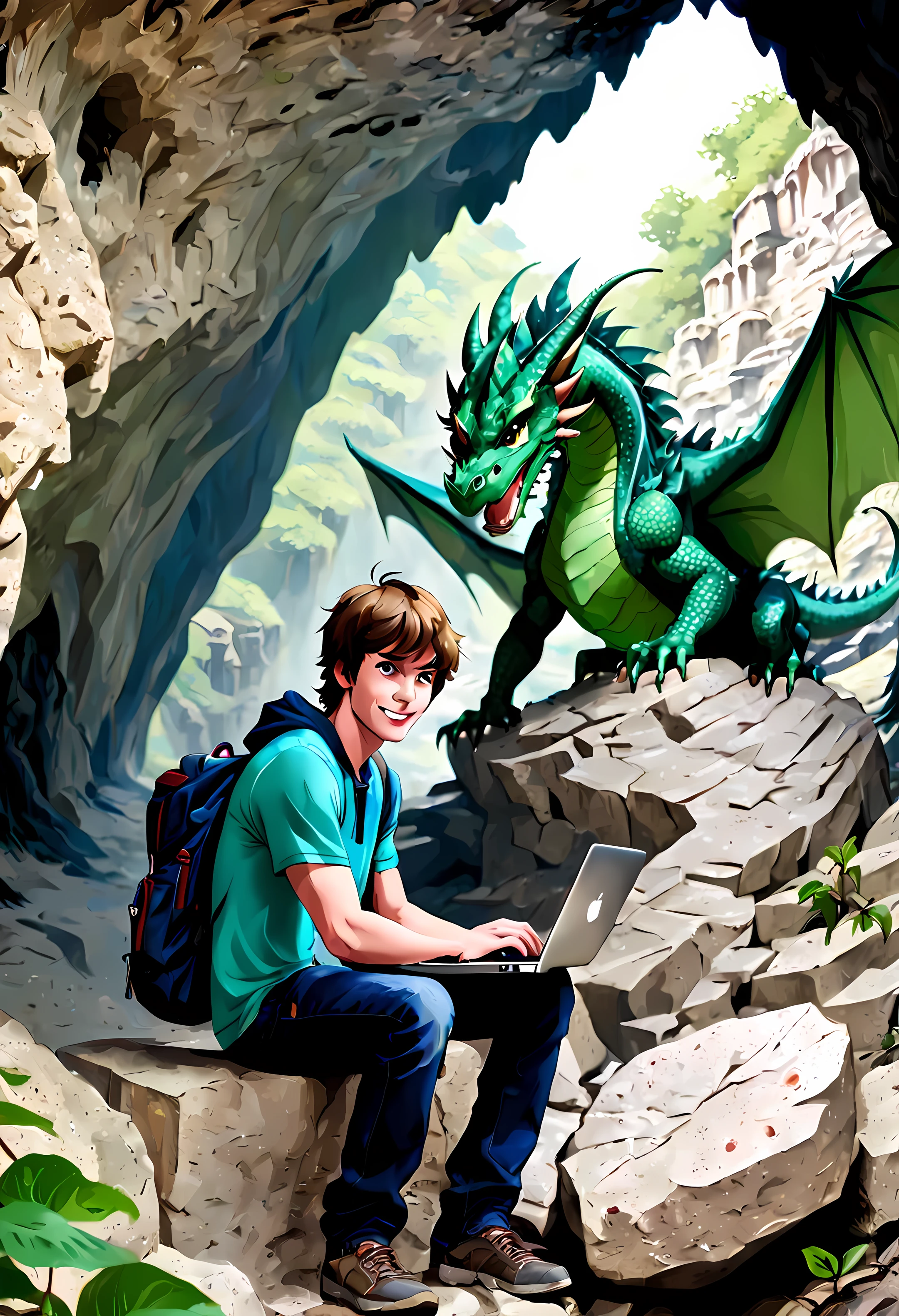 1 college student with a handsome face, brown hair and blue eyes (is sitting on a rock inside of a limestone cave typing a report on his Apple laptop computer:1.3), it is very dark inside the cave so the college student does not see a ((large green, ferocious dragon walking into the cave)) BREAK The student is facing the viewer with a (big smile on his face), the dragon is staring at the back of the student