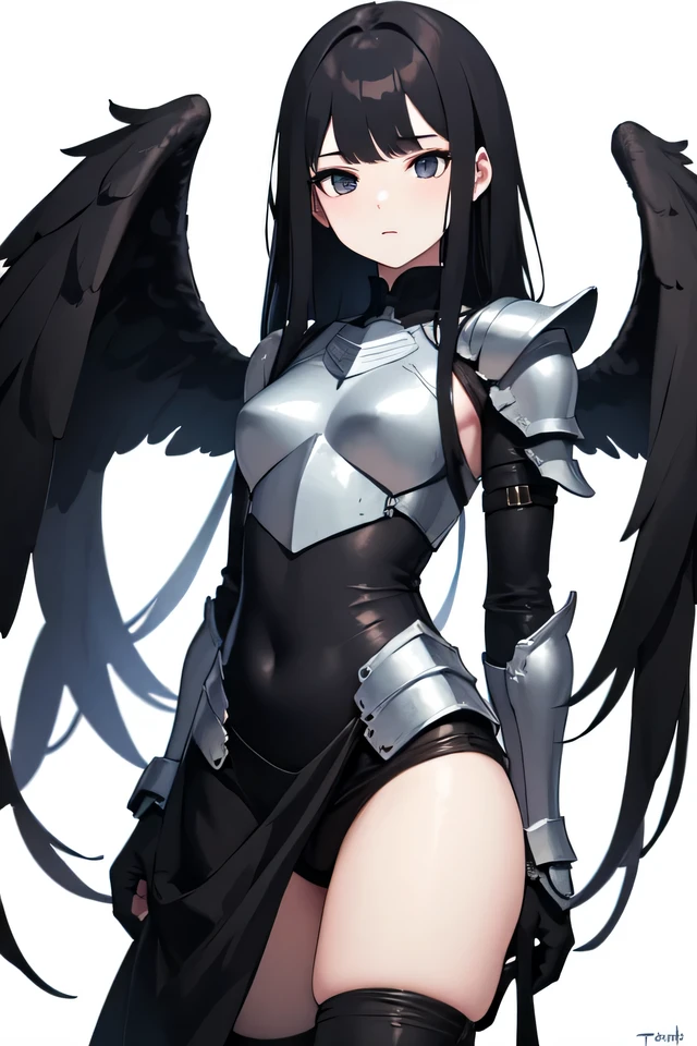 ((best quality)), ((masterpiece)), (detailed), white background, pale skin, head to thigh shot, black eyes, black hair. 1 girl, angel, long straight hair, 2 feathery black wings, petite teen, armor, middle split bangs, pants