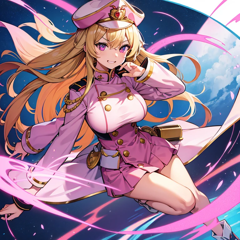 1 woman, waifu oppai, angry, smile challenging, long hair blonde with hair highlights pink, blue and pink eyes, gold and white militar clothes, kawaii, militar, full body, with hat general