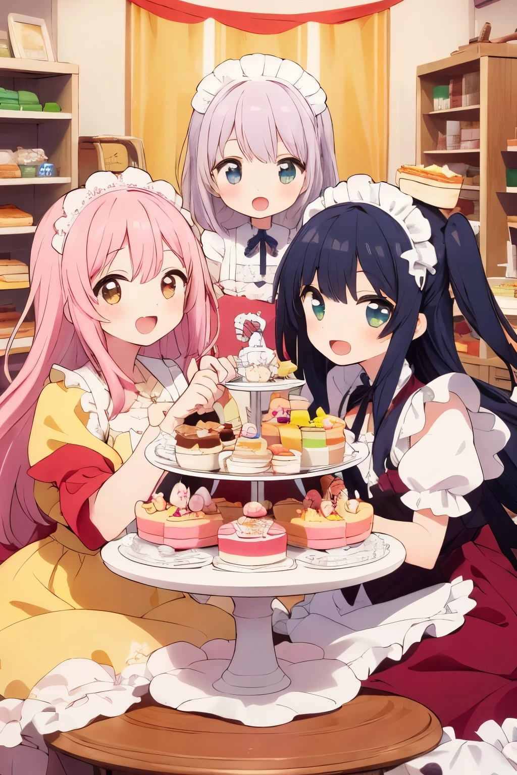 4+ girls, multiple colored hairs, sweet maids, random cute faces, super happy smiling, open mouth, group shot, zoom camera, sweet tea party, lots of cakes, macarons, chocolates, parfaits, cookies, land of sweets