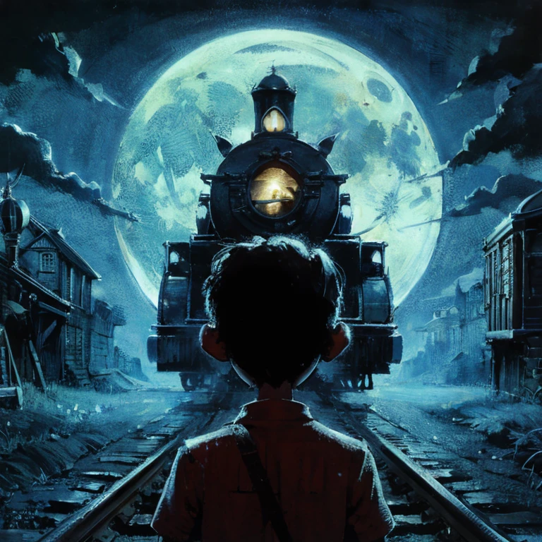 image of a boy staring backwards a misterious locomotive that has the evidence, in the background the moon apears rising full, the light is dark blue, and it have to has some misterious fell, the are square dimensions, and the art style is gothic playfull look alike