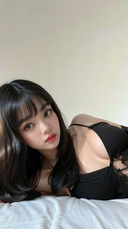 jennie kim deitada em uma cama com um batom vermelho, Ela tem cabelo preto com franja, cabelo preto e franja branca, sorriso , cabelo preto longo com franja, franja preta, 18 anos, com franja, Anastasia Ovchinnikova, com franja completa, Anna Nikonova aka Newmilky, franja reta, with pale skin, jennie kim, blackpink jennie