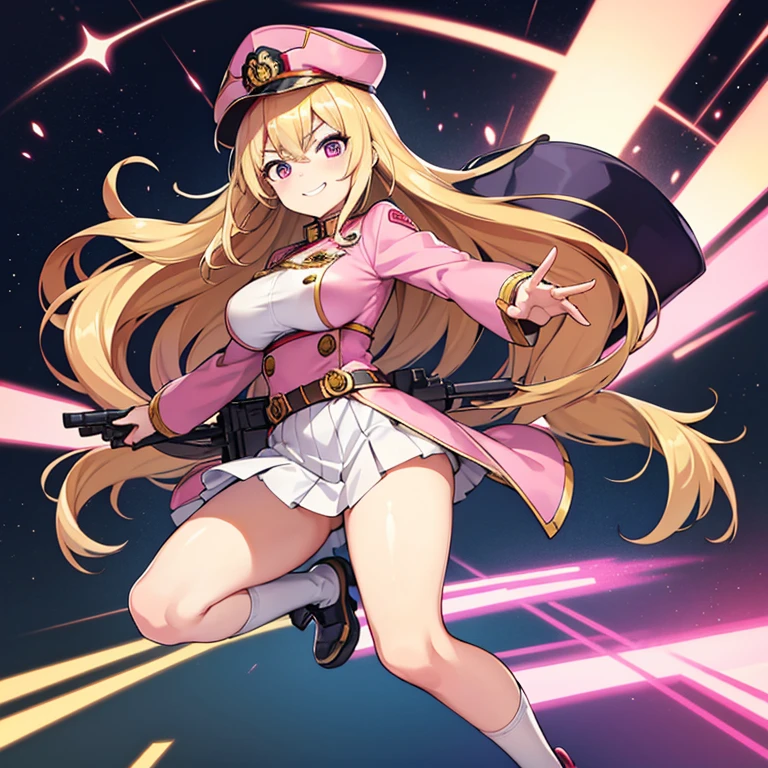 1 woman, waifu oppai, angry, smile challenging, long hair blonde with hair highlights pink, blue and pink eyes, gold and white militar clothes, kawaii, militar, full body, with hat general, with a gun