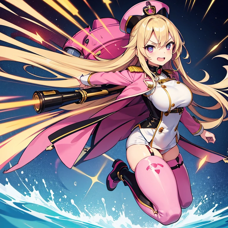 1 woman, waifu oppai, angry, smile challenging, long hair blonde with hair highlights pink, blue and pink eyes, gold and white militar clothes, kawaii, militar, full body, with hat general, with a gun