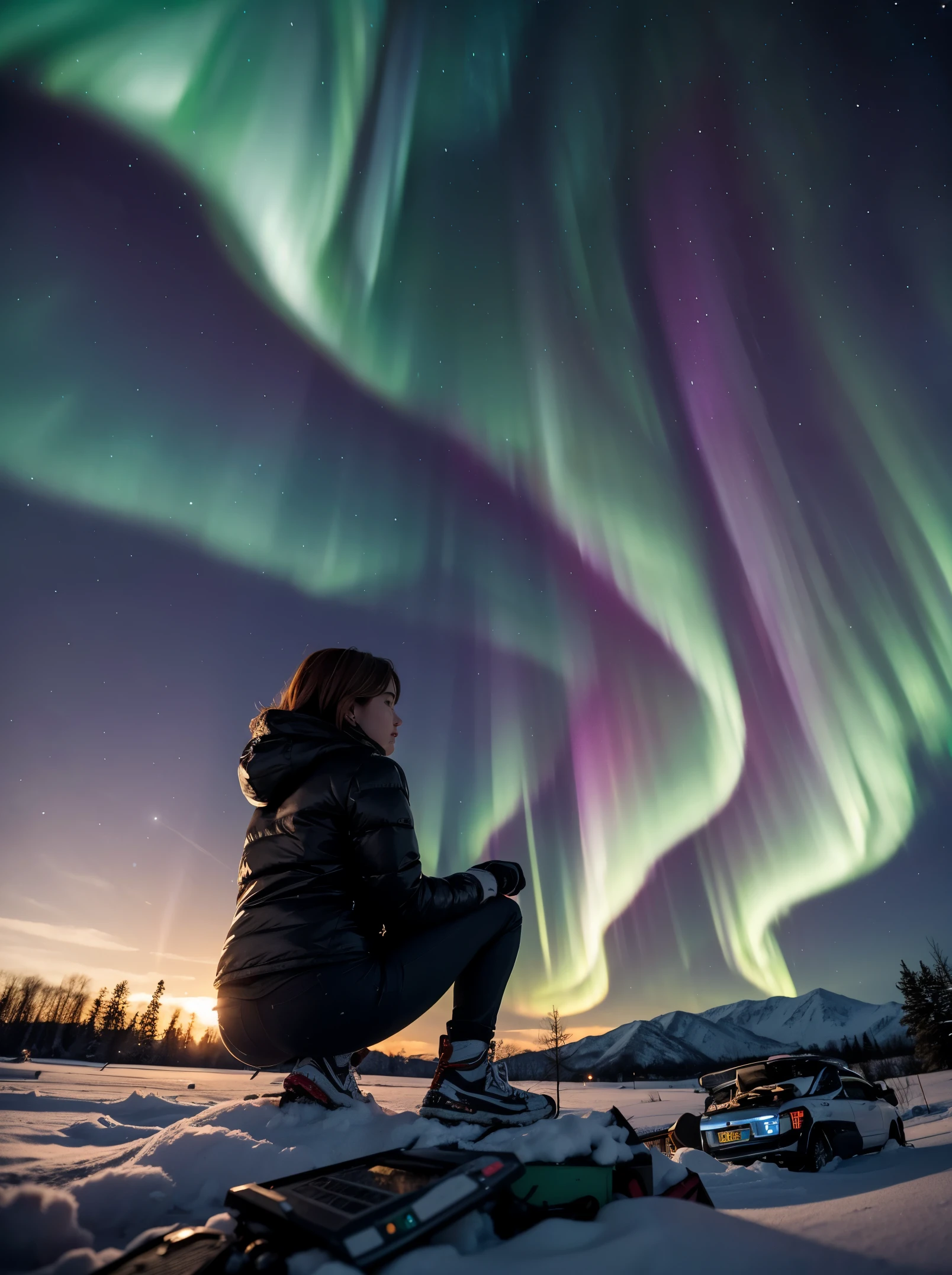 The photo is taken from the front, with the following composition: in the foreground, a pile of electronic waste. In the middle ground, a sexy young woman, age23, light auburn, leans forward, looking at the pile of waste as if she were looking at the inside of a car engine.
In the background, a snowy village, a starry night, the northern lights