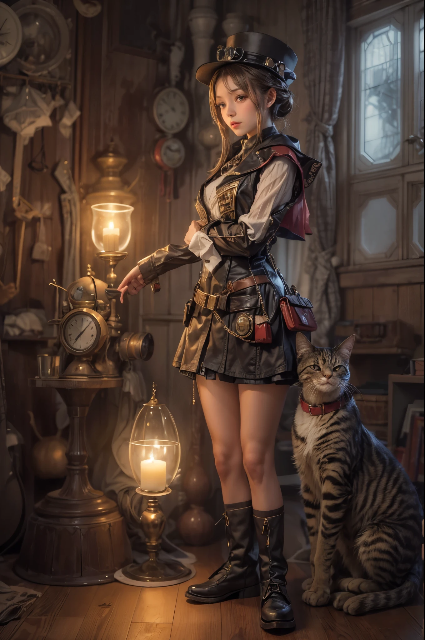 "Steampunk girl with a cat robot companion, poised in a candlelit room,  eye contact with the viewer, captured in a wide-angle shot."