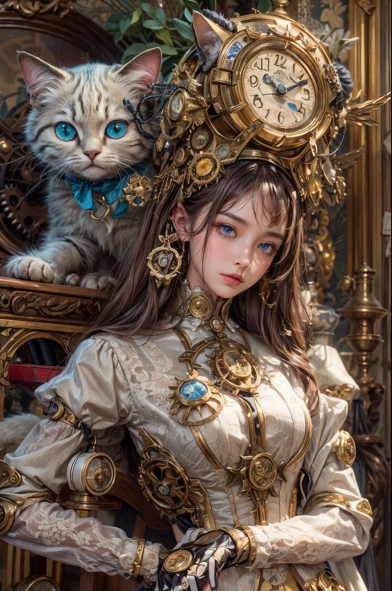 (best quality,4k,8k,highres,masterpiece:1.2),ultra-detailed,(realistic,photorealistic,photo-realistic:1.37),Steampunk girl with a cat robot companion,poised in a candlelit room,eye contact with the viewer,captured in a wide-angle shot,metallic texture,mysterious atmosphere,golden color palette,industrial machinery,clockwork mechanisms,Victorian fashion and accessories,sophisticated hairstyle,elaborate corset and gears,intricate cogwheels,soft candlelight illuminating the scene,intriguing shadows and contrasts,detailed textures on walls and furniture,glimmering reflection on brass and copper surfaces,mechanical cat with intricate details,steely blue eyes of the cat,gear-shaped badges and embellishments,polished leather boots,matching gloves and goggles in brass frame,impressive mechanical wings extending from the girl's back,exquisite clock-inspired jewelry,antique books and parchment scrolls scattered on a wooden desk,a steaming teacup on a saucer, aged parchment with handwritten notes and sketches,artificial intelligence cat robot with subtle cat-like movements,advanced robotic joints and limbs,meticulous attention to detail in the girl's eyes and face, capturing her expression of curiosity and determination,richly patterned wallpaper with floral motifs,ornate candleholders and chandeliers suspended from the ceiling,delicate lace curtains framing the window,moody and atmospheric lighting, providing an ethereal glow,wide-angle shot capturing the grandeur of the room,showcasing the unique blend of technology and antiquity,immersive and captivating scene, combining elements of fantasy and retro-futurism.