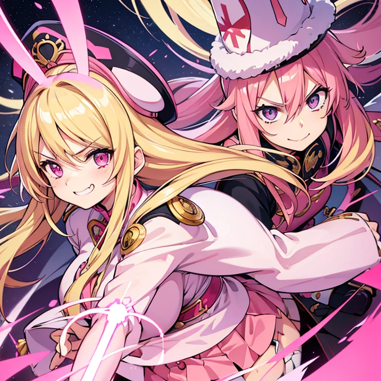 1 woman, waifu oppai, angry, smile challenging, long hair blonde with hair highlights pink, blue and pink eyes, gold and white militar clothes, kawaii, militar, full body, with hat general, with a katana, sword