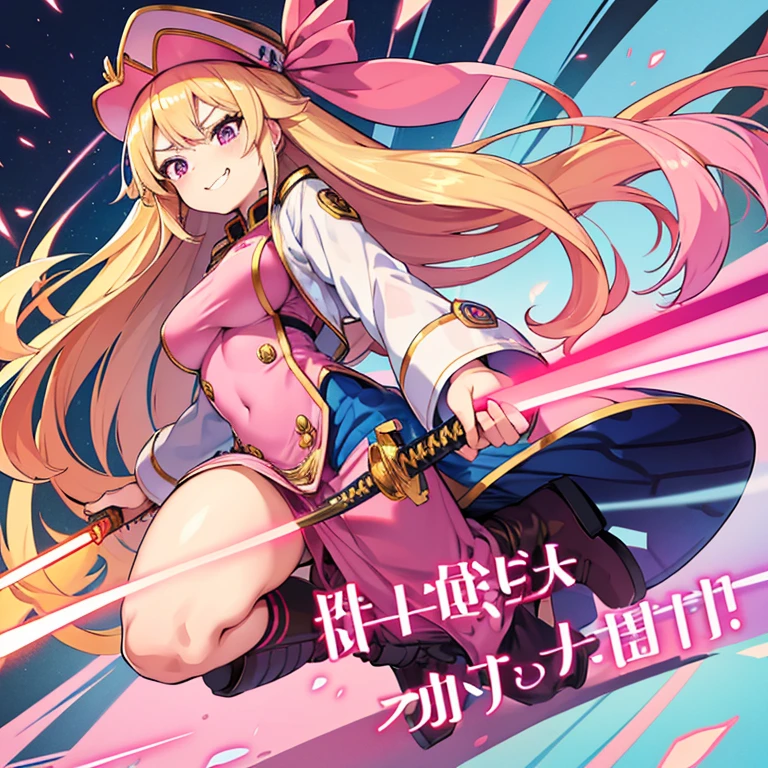 1 woman, waifu oppai, angry, smile challenging, long hair blonde with hair highlights pink, blue and pink eyes, gold and white militar clothes, kawaii, militar, full body, with hat general, with a katana, sword