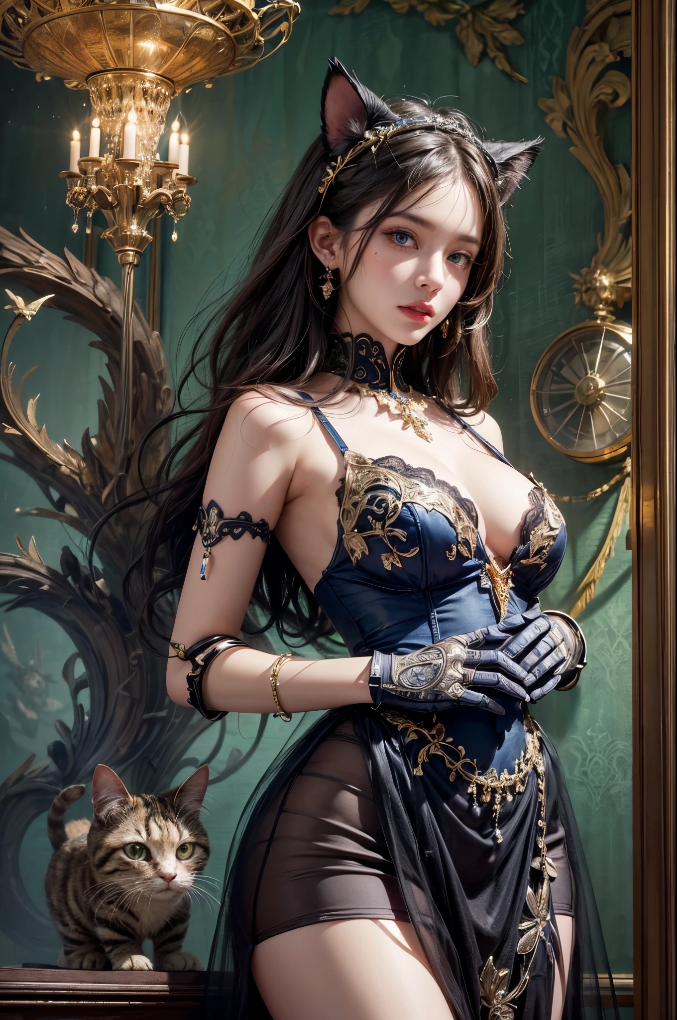 (best quality,4k,8k,highres,masterpiece:1.2),ultra-detailed,(realistic,photorealistic,photo-realistic:1.37),Steampunk girl with a cat robot companion,poised in a candlelit room,eye contact with the viewer,captured in a wide-angle shot,metallic texture,mysterious atmosphere,golden color palette,industrial machinery,clockwork mechanisms,Victorian fashion and accessories,sophisticated hairstyle,elaborate corset and gears,intricate cogwheels,soft candlelight illuminating the scene,intriguing shadows and contrasts,detailed textures on walls and furniture,glimmering reflection on brass and copper surfaces,mechanical cat with intricate details,steely blue eyes of the cat,gear-shaped badges and embellishments,polished leather boots,matching gloves and goggles in brass frame,impressive mechanical wings extending from the girl's back,exquisite clock-inspired jewelry,antique books and parchment scrolls scattered on a wooden desk,a steaming teacup on a saucer, aged parchment with handwritten notes and sketches,artificial intelligence cat robot with subtle cat-like movements,advanced robotic joints and limbs,meticulous attention to detail in the girl's eyes and face, capturing her expression of curiosity and determination,richly patterned wallpaper with floral motifs,ornate candleholders and chandeliers suspended from the ceiling,delicate lace curtains framing the window,moody and atmospheric lighting, providing an ethereal glow,wide-angle shot capturing the grandeur of the room,showcasing the unique blend of technology and antiquity,immersive and captivating scene, combining elements of fantasy and retro-futurism.