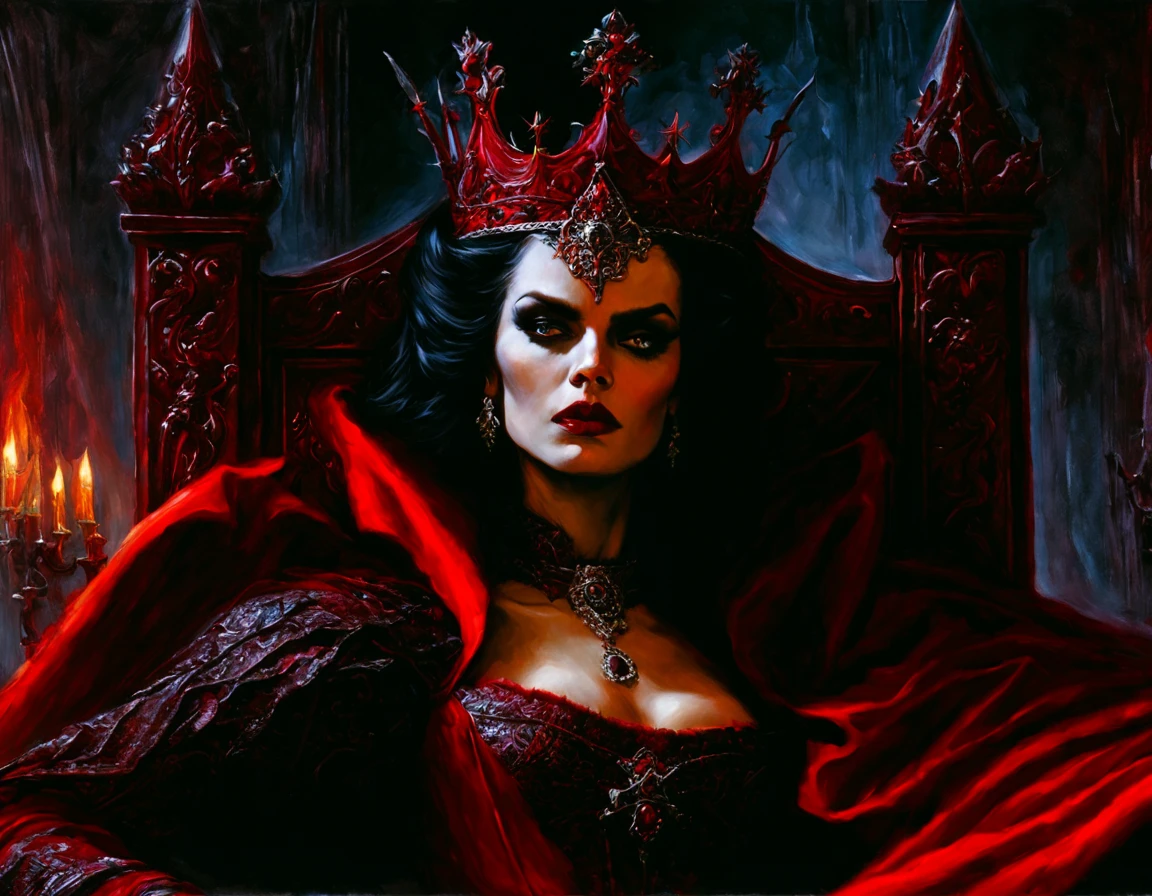 medieval vampire queen close up portrait, she sits on a royal throne, dark red royal clothing, a crown, thin, pale, ominous oil painting, fierce and hungry looking, detailed, art by Brom, Luis Royo, and Michael Whelan, sinister, atmospheric, dynamic, dreadful and stunning portrait, a masterpiece, horror movie still frame, deep red, vibrant red color
