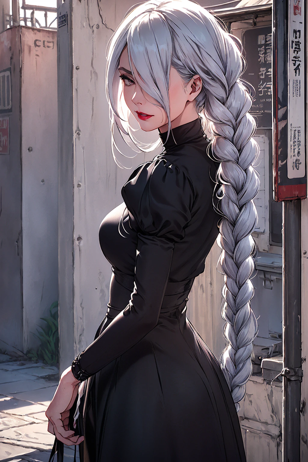 ultra realistic 8k cg, masterpiece, ((ultra detailed background, delicate pattern, intricate detail)), (highly detailed, fine detailest quality, 1girl, (photorealistic:1.4),beautiful lighting, absurdres, RAW photo, film grain, ((medium breasts, slim girl)), 1girl, MeiMei, solo, long hair, braid, dress, hair over one eye, smile, long sleeves, braided bangs, black dress, braided ponytail, white hair, puffy sleeves, holding, turtleneck dress, makeup, grey hair, red lips, one eye covered, lipstick, parted lips, single braid, (complex detailed background, outside, environment, cowboy shot, from behind),