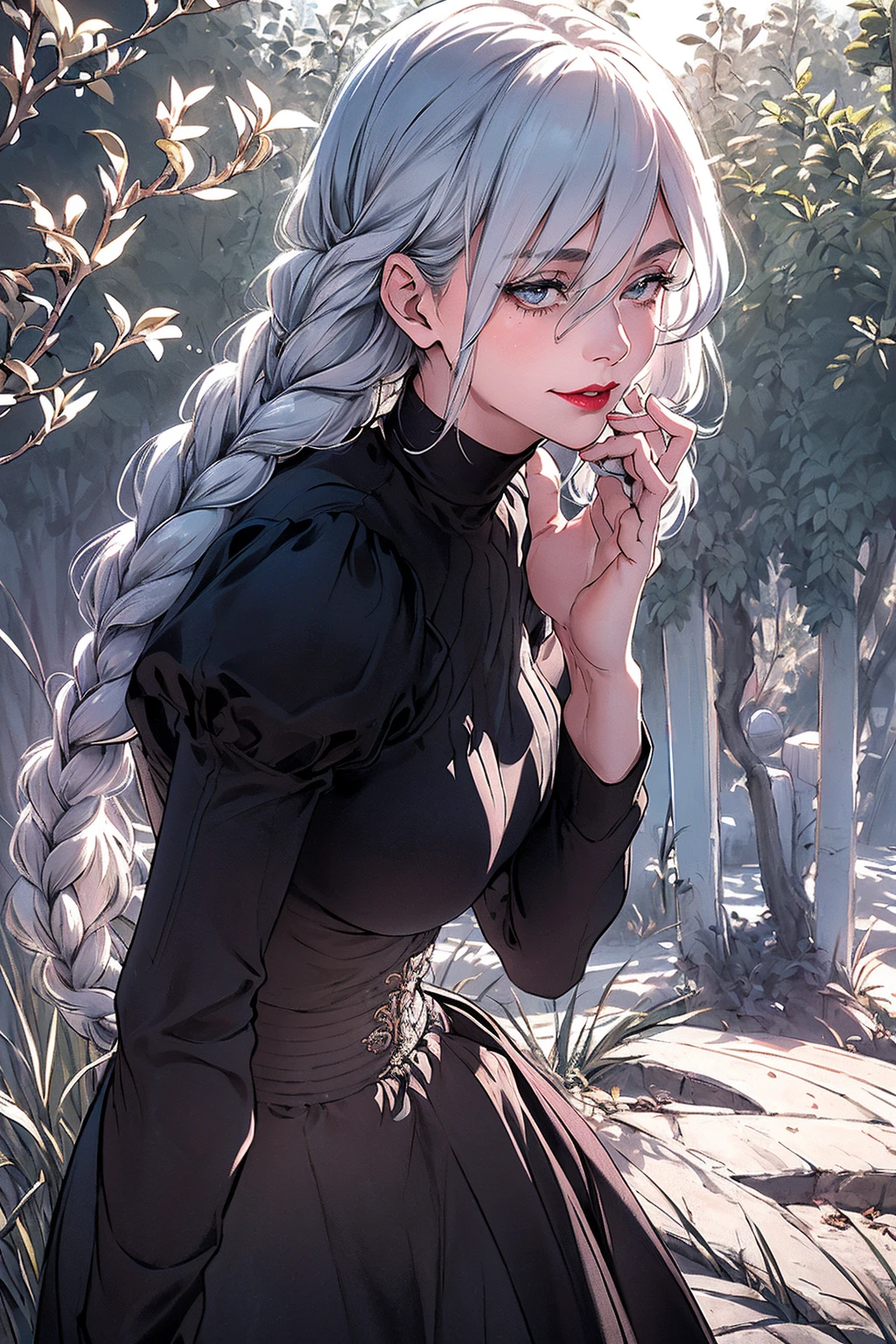 ultra realistic 8k cg, masterpiece, ((ultra detailed background, delicate pattern, intricate detail)), (highly detailed, fine detailest quality, 1girl, (photorealistic:1.4),beautiful lighting, absurdres, RAW photo, film grain, ((medium breasts, slim girl)), 1girl, MeiMei, solo, long hair, braid, dress, hair over one eye, smile, long sleeves, braided bangs, black dress, braided ponytail, white hair, puffy sleeves, holding, turtleneck dress, makeup, grey hair, red lips, one eye covered, lipstick, parted lips, single braid, (complex detailed background, outside, environment, cowboy shot, from behind),