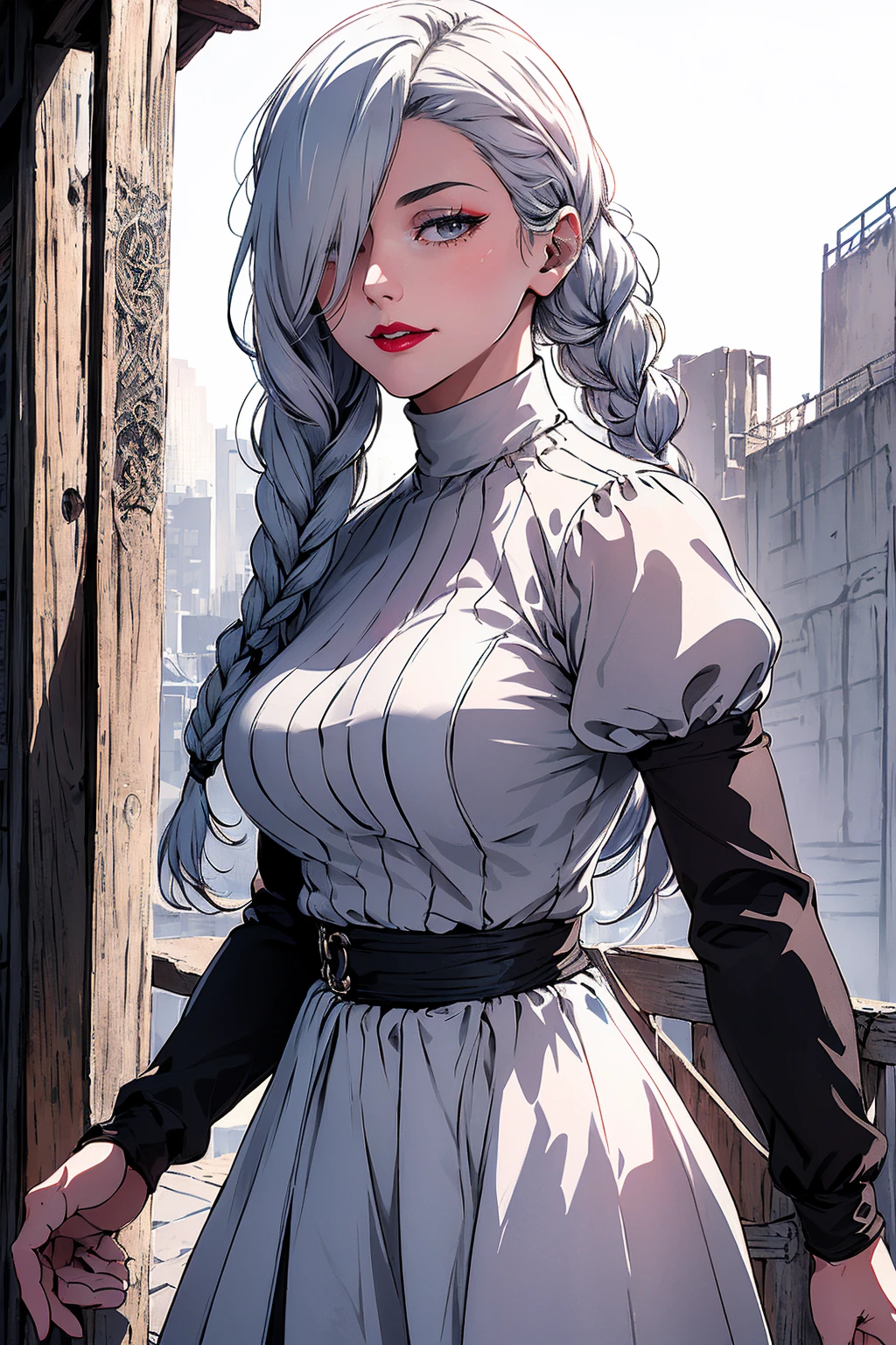 ultra realistic 8k cg, masterpiece, ((ultra detailed background, delicate pattern, intricate detail)), (highly detailed, fine detailest quality, 1girl, (photorealistic:1.4),beautiful lighting,  absurdres, RAW photo, film grain, ((medium breasts, slim girl)), 1girl, MeiMei, solo, long hair, braid, dress, hair over one eye, smile, long sleeves, braided bangs, black dress, braided ponytail, white hair, puffy sleeves, holding, turtleneck dress, makeup, grey hair, red lips, one eye covered, lipstick, parted lips, single braid, (complex detailed background, outside,  environment, cowboy shot, from behind),