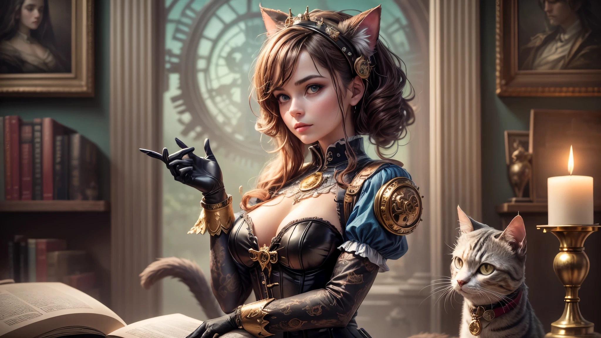 (best quality,4k,8k,highres,masterpiece:1.2),ultra-detailed,(realistic,photorealistic,photo-realistic:1.37),Steampunk girl with a cat robot companion,poised in a candlelit room,eye contact with the viewer,captured in a wide-angle shot,metallic texture,mysterious atmosphere,golden color palette,industrial machinery,clockwork mechanisms,Victorian fashion and accessories,sophisticated hairstyle,elaborate corset and gears,intricate cogwheels,soft candlelight illuminating the scene,intriguing shadows and contrasts,detailed textures on walls and furniture,glimmering reflection on brass and copper surfaces,mechanical cat with intricate details,steely blue eyes of the cat,gear-shaped badges and embellishments,polished leather boots,matching gloves and goggles in brass frame,impressive mechanical wings extending from the girl's back,exquisite clock-inspired jewelry,antique books and parchment scrolls scattered on a wooden desk,a steaming teacup on a saucer, aged parchment with handwritten notes and sketches,artificial intelligence cat robot with subtle cat-like movements,advanced robotic joints and limbs,meticulous attention to detail in the girl's eyes and face, capturing her expression of curiosity and determination,richly patterned wallpaper with floral motifs,ornate candleholders and chandeliers suspended from the ceiling,delicate lace curtains framing the window,moody and atmospheric lighting, providing an ethereal glow,wide-angle shot capturing the grandeur of the room,showcasing the unique blend of technology and antiquity,immersive and captivating scene, combining elements of fantasy and retro-futurism.