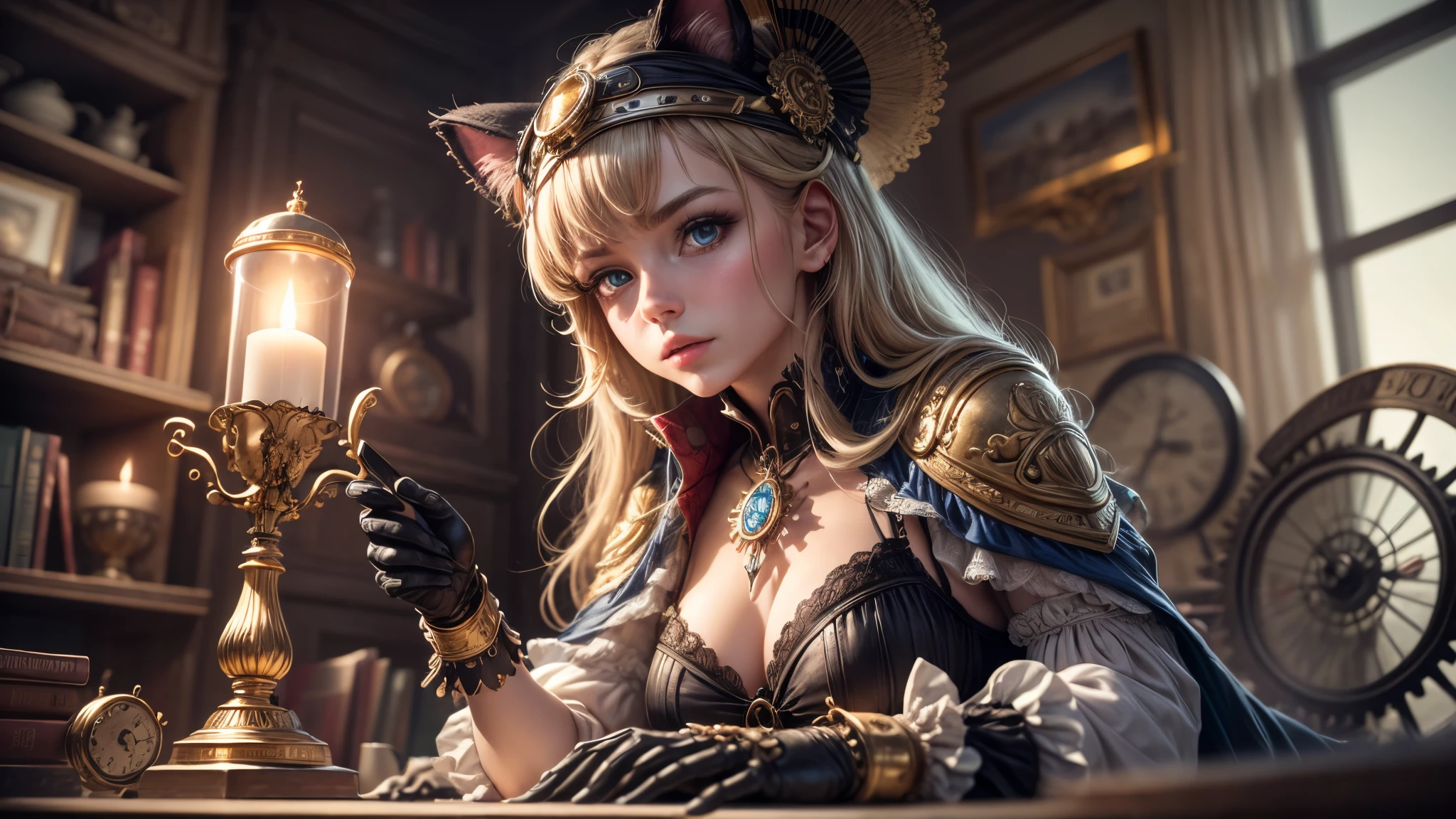 (best quality,4k,8k,highres,masterpiece:1.2),ultra-detailed,(realistic,photorealistic,photo-realistic:1.37),Steampunk girl with a cat robot companion,poised in a candlelit room,eye contact with the viewer,captured in a wide-angle shot,metallic texture,mysterious atmosphere,golden color palette,industrial machinery,clockwork mechanisms,Victorian fashion and accessories,sophisticated hairstyle,elaborate corset and gears,intricate cogwheels,soft candlelight illuminating the scene,intriguing shadows and contrasts,detailed textures on walls and furniture,glimmering reflection on brass and copper surfaces,mechanical cat with intricate details,steely blue eyes of the cat,gear-shaped badges and embellishments,polished leather boots,matching gloves and goggles in brass frame,impressive mechanical wings extending from the girl's back,exquisite clock-inspired jewelry,antique books and parchment scrolls scattered on a wooden desk,a steaming teacup on a saucer, aged parchment with handwritten notes and sketches,artificial intelligence cat robot with subtle cat-like movements,advanced robotic joints and limbs,meticulous attention to detail in the girl's eyes and face, capturing her expression of curiosity and determination,richly patterned wallpaper with floral motifs,ornate candleholders and chandeliers suspended from the ceiling,delicate lace curtains framing the window,moody and atmospheric lighting, providing an ethereal glow,wide-angle shot capturing the grandeur of the room,showcasing the unique blend of technology and antiquity,immersive and captivating scene, combining elements of fantasy and retro-futurism.