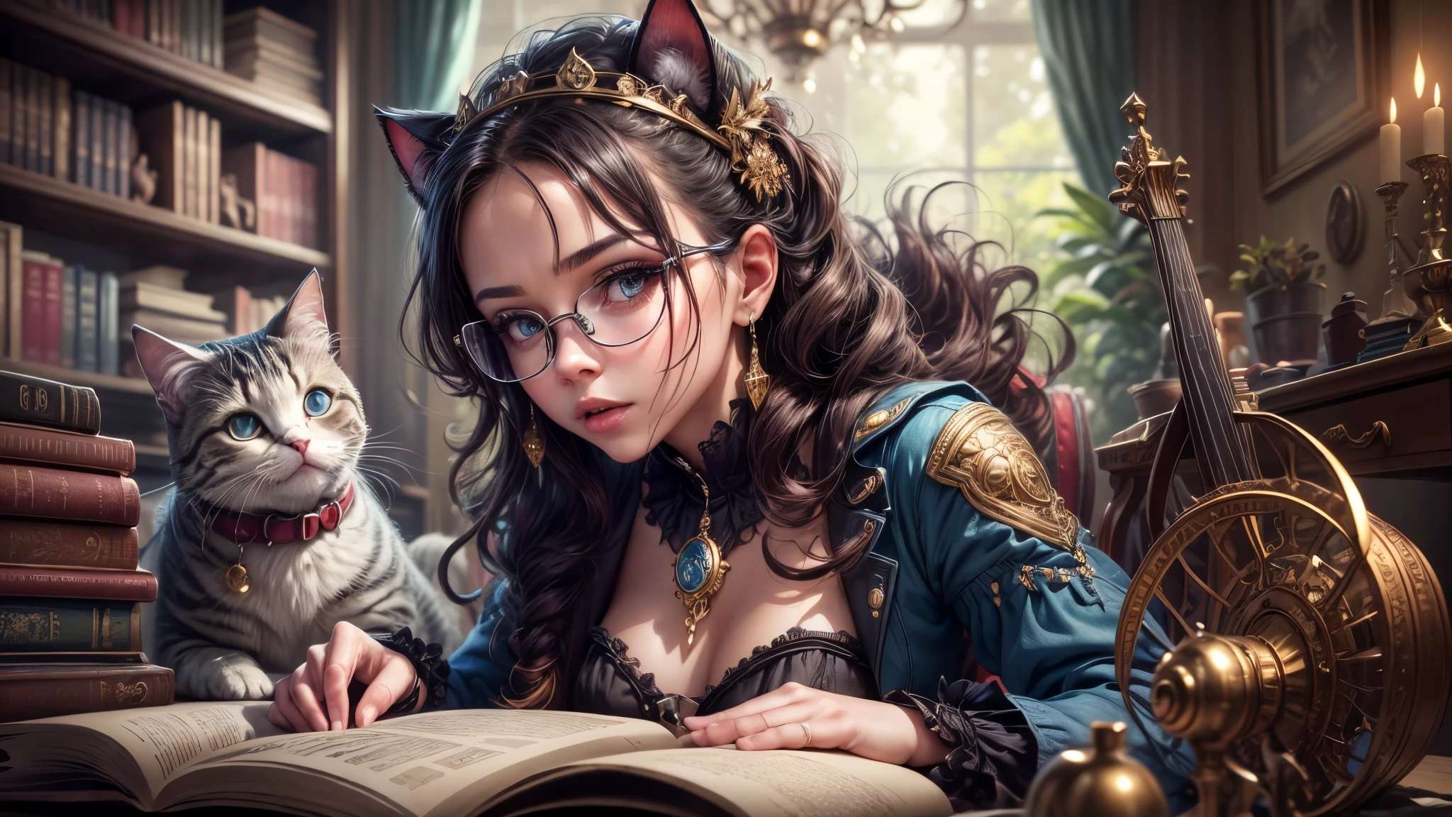 (best quality,4k,8k,highres,masterpiece:1.2),ultra-detailed,(realistic,photorealistic,photo-realistic:1.37),Steampunk girl with a cat robot companion,poised in a candlelit room,eye contact with the viewer,captured in a wide-angle shot,metallic texture,mysterious atmosphere,golden color palette,industrial machinery,clockwork mechanisms,Victorian fashion and accessories,sophisticated hairstyle,elaborate corset and gears,intricate cogwheels,soft candlelight illuminating the scene,intriguing shadows and contrasts,detailed textures on walls and furniture,glimmering reflection on brass and copper surfaces,mechanical cat with intricate details,steely blue eyes of the cat,gear-shaped badges and embellishments,polished leather boots,matching gloves and goggles in brass frame,impressive mechanical wings extending from the girl's back,exquisite clock-inspired jewelry,antique books and parchment scrolls scattered on a wooden desk,a steaming teacup on a saucer, aged parchment with handwritten notes and sketches,artificial intelligence cat robot with subtle cat-like movements,advanced robotic joints and limbs,meticulous attention to detail in the girl's eyes and face, capturing her expression of curiosity and determination,richly patterned wallpaper with floral motifs,ornate candleholders and chandeliers suspended from the ceiling,delicate lace curtains framing the window,moody and atmospheric lighting, providing an ethereal glow,wide-angle shot capturing the grandeur of the room,showcasing the unique blend of technology and antiquity,immersive and captivating scene, combining elements of fantasy and retro-futurism.