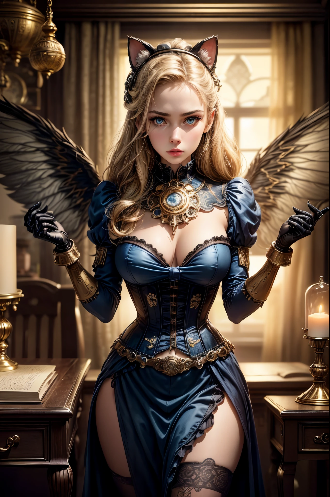 (best quality,4k,8k,highres,masterpiece:1.2),ultra-detailed,(realistic,photorealistic,photo-realistic:1.37),Steampunk girl with a cat robot companion,poised in a candlelit room,eye contact with the viewer,captured in a wide-angle shot,metallic texture,mysterious atmosphere,golden color palette,industrial machinery,clockwork mechanisms,Victorian fashion and accessories,sophisticated hairstyle,elaborate corset and gears,intricate cogwheels,soft candlelight illuminating the scene,intriguing shadows and contrasts,detailed textures on walls and furniture,glimmering reflection on brass and copper surfaces,mechanical cat with intricate details,steely blue eyes of the cat,gear-shaped badges and embellishments,polished leather boots,matching gloves and goggles in brass frame,impressive mechanical wings extending from the girl's back,exquisite clock-inspired jewelry,antique books and parchment scrolls scattered on a wooden desk,a steaming teacup on a saucer, aged parchment with handwritten notes and sketches,artificial intelligence cat robot with subtle cat-like movements,advanced robotic joints and limbs,meticulous attention to detail in the girl's eyes and face, capturing her expression of curiosity and determination,richly patterned wallpaper with floral motifs,ornate candleholders and chandeliers suspended from the ceiling,delicate lace curtains framing the window,moody and atmospheric lighting, providing an ethereal glow,wide-angle shot capturing the grandeur of the room,showcasing the unique blend of technology and antiquity,immersive and captivating scene, combining elements of fantasy and retro-futurism.