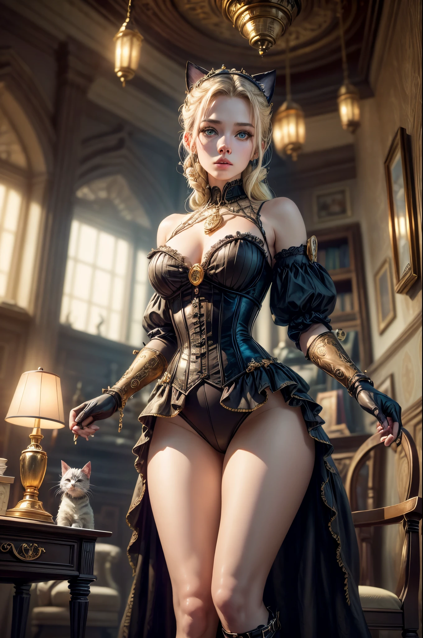 (best quality,4k,8k,highres,masterpiece:1.2),ultra-detailed,(realistic,photorealistic,photo-realistic:1.37),Steampunk girl with a cat robot companion,poised in a candlelit room,eye contact with the viewer,captured in a wide-angle shot,metallic texture,mysterious atmosphere,golden color palette,industrial machinery,clockwork mechanisms,Victorian fashion and accessories,sophisticated hairstyle,elaborate corset and gears,intricate cogwheels,soft candlelight illuminating the scene,intriguing shadows and contrasts,detailed textures on walls and furniture,glimmering reflection on brass and copper surfaces,mechanical cat with intricate details,steely blue eyes of the cat,gear-shaped badges and embellishments,polished leather boots,matching gloves and goggles in brass frame,impressive mechanical wings extending from the girl's back,exquisite clock-inspired jewelry,antique books and parchment scrolls scattered on a wooden desk,a steaming teacup on a saucer, aged parchment with handwritten notes and sketches,artificial intelligence cat robot with subtle cat-like movements,advanced robotic joints and limbs,meticulous attention to detail in the girl's eyes and face, capturing her expression of curiosity and determination,richly patterned wallpaper with floral motifs,ornate candleholders and chandeliers suspended from the ceiling,delicate lace curtains framing the window,moody and atmospheric lighting, providing an ethereal glow,wide-angle shot capturing the grandeur of the room,showcasing the unique blend of technology and antiquity,immersive and captivating scene, combining elements of fantasy and retro-futurism.