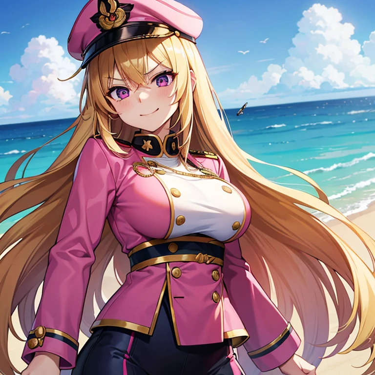 1 woman, waifu oppai, angry, smile challenging, long hair blonde with hair highlights pink, blue and pink eyes, gold and white militar clothes, kawaii, militar, with hat general, with a katana