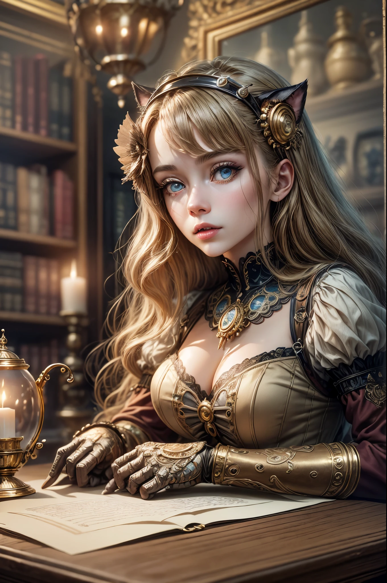 (best quality,4k,8k,highres,masterpiece:1.2),ultra-detailed,(realistic,photorealistic,photo-realistic:1.37),Steampunk girl with a cat robot companion,poised in a candlelit room,eye contact with the viewer,captured in a wide-angle shot,metallic texture,mysterious atmosphere,golden color palette,industrial machinery,clockwork mechanisms,Victorian fashion and accessories,sophisticated hairstyle,elaborate corset and gears,intricate cogwheels,soft candlelight illuminating the scene,intriguing shadows and contrasts,detailed textures on walls and furniture,glimmering reflection on brass and copper surfaces,mechanical cat with intricate details,steely blue eyes of the cat,gear-shaped badges and embellishments,polished leather boots,matching gloves and goggles in brass frame,impressive mechanical wings extending from the girl's back,exquisite clock-inspired jewelry,antique books and parchment scrolls scattered on a wooden desk,a steaming teacup on a saucer, aged parchment with handwritten notes and sketches,artificial intelligence cat robot with subtle cat-like movements,advanced robotic joints and limbs,meticulous attention to detail in the girl's eyes and face, capturing her expression of curiosity and determination,richly patterned wallpaper with floral motifs,ornate candleholders and chandeliers suspended from the ceiling,delicate lace curtains framing the window,moody and atmospheric lighting, providing an ethereal glow,wide-angle shot capturing the grandeur of the room,showcasing the unique blend of technology and antiquity,immersive and captivating scene, combining elements of fantasy and retro-futurism.