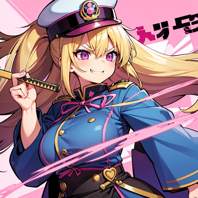 katana, 1 woman, waifu oppai, angry, smile challenging, long hair blonde with hair highlights pink, blue and pink eyes, gold and white militar clothes, kawaii, militar, with hat general, with a katana