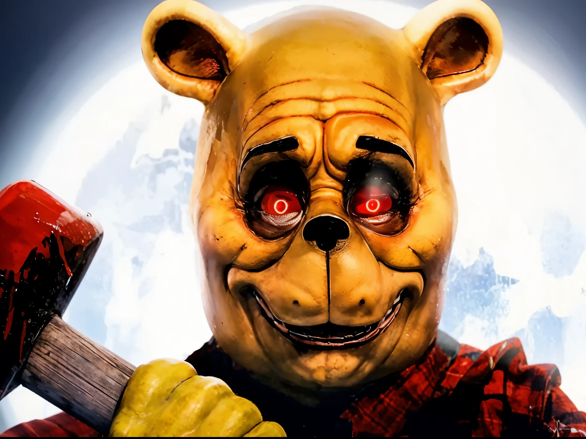 Creepy evil Winnie The Pooh with no fur just rubbery yellow skin and has red glowing eyes and has a goofy grin wearing a red flannel and blue overalls holding a bloody sledgehammer at night