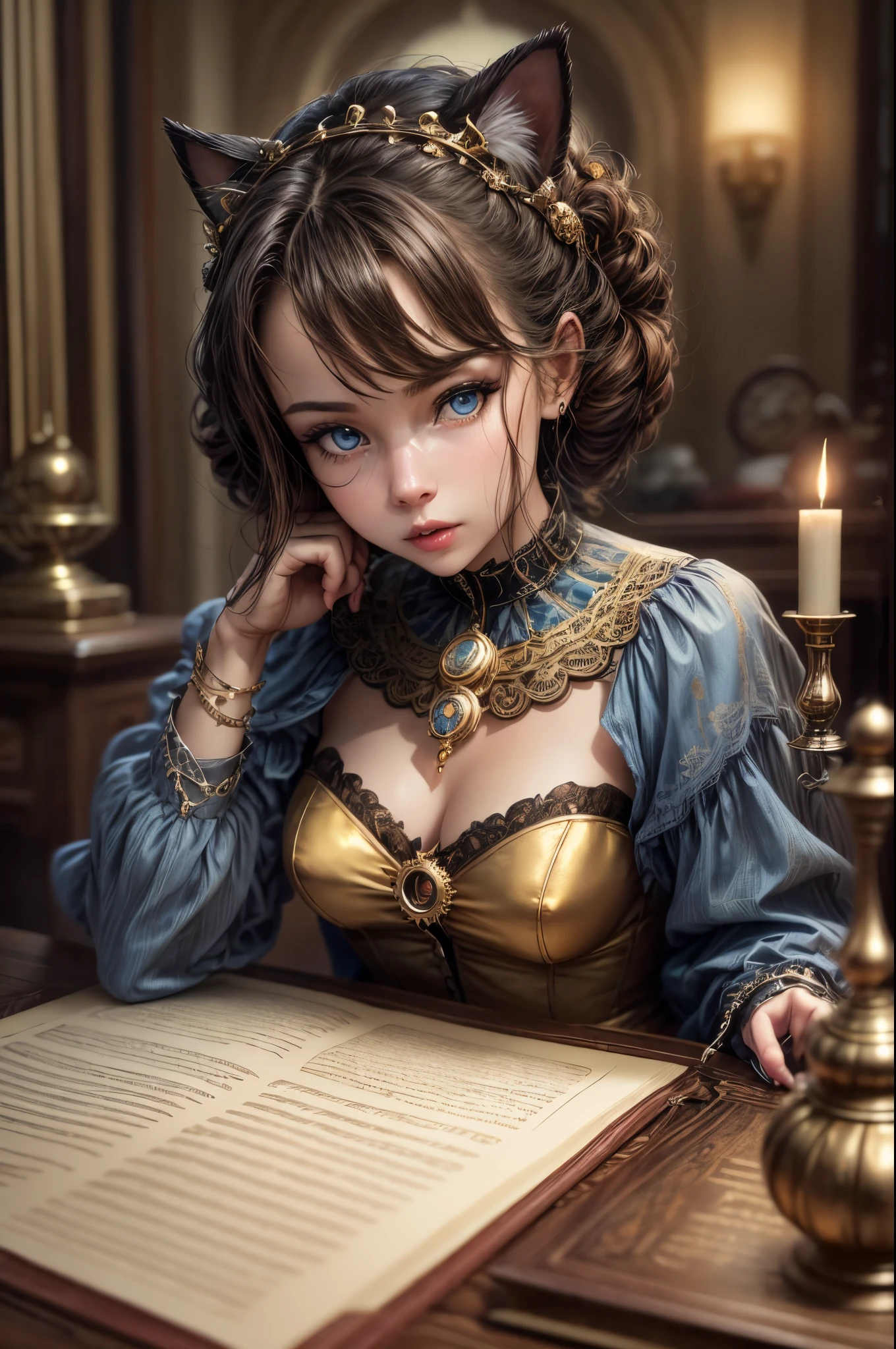 (best quality,4k,8k,highres,masterpiece:1.2),ultra-detailed,(realistic,photorealistic,photo-realistic:1.37),Steampunk girl with a cat robot companion,poised in a candlelit room,eye contact with the viewer,captured in a wide-angle shot,metallic texture,mysterious atmosphere,golden color palette,industrial machinery,clockwork mechanisms,Victorian fashion and accessories,sophisticated hairstyle,elaborate corset and gears,intricate cogwheels,soft candlelight illuminating the scene,intriguing shadows and contrasts,detailed textures on walls and furniture,glimmering reflection on brass and copper surfaces,mechanical cat with intricate details,steely blue eyes of the cat,gear-shaped badges and embellishments,polished leather boots,matching gloves and goggles in brass frame,impressive mechanical wings extending from the girl's back,exquisite clock-inspired jewelry,antique books and parchment scrolls scattered on a wooden desk,a steaming teacup on a saucer, aged parchment with handwritten notes and sketches,artificial intelligence cat robot with subtle cat-like movements,advanced robotic joints and limbs,meticulous attention to detail in the girl's eyes and face, capturing her expression of curiosity and determination,richly patterned wallpaper with floral motifs,ornate candleholders and chandeliers suspended from the ceiling,delicate lace curtains framing the window,moody and atmospheric lighting, providing an ethereal glow,wide-angle shot capturing the grandeur of the room,showcasing the unique blend of technology and antiquity,immersive and captivating scene, combining elements of fantasy and retro-futurism.