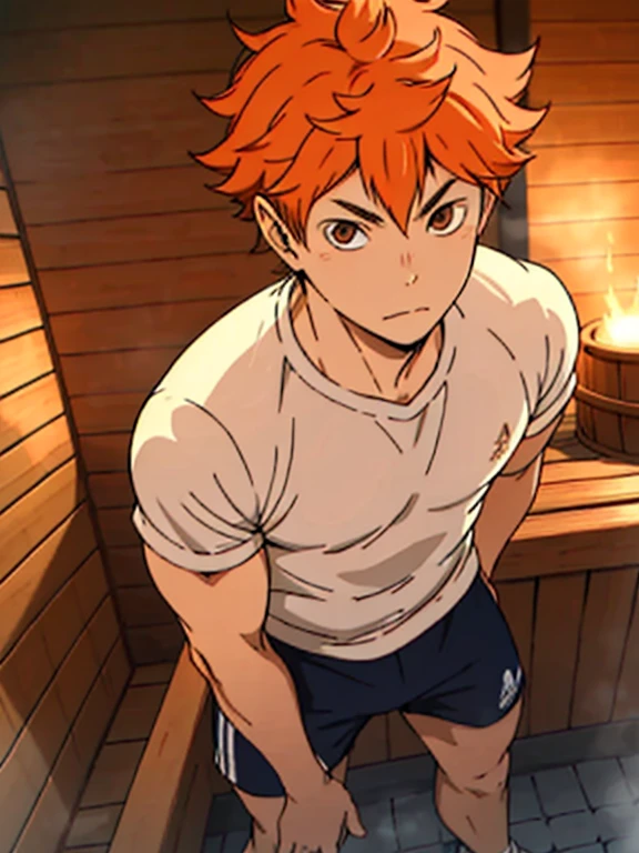 high res, masterpiece, Shouyou Hinata , orange hair, solo, 1boy, male, detailed eyes,  boy, sauna , standing, wrapped in a towel